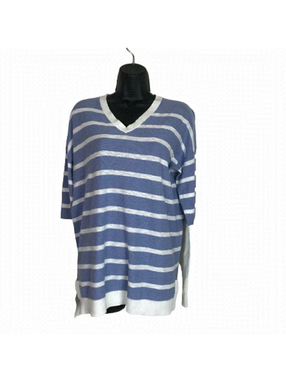 Vince 100% Cotton Blue & White Striped V-neck Sweater Size M